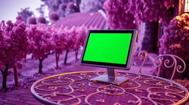 A computer screen on a table in front of a purple tree photo