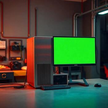 Modern computer setup with a green screen monitor in a workshop photo