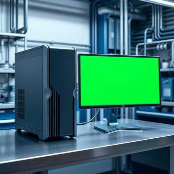 Modern computer setup with a green screen monitor in a laboratory photo