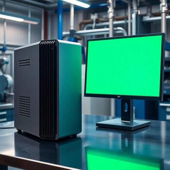 A computer monitor and a computer on a table photo