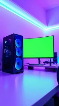 A computer monitor and keyboard are in front of a green screen photo