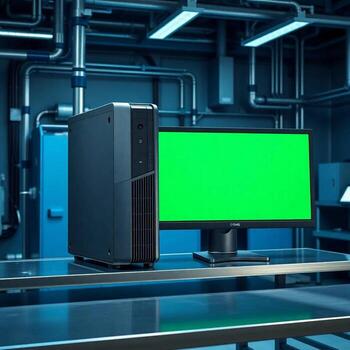 Modern computer setup with green screen display in futuristic environment photo