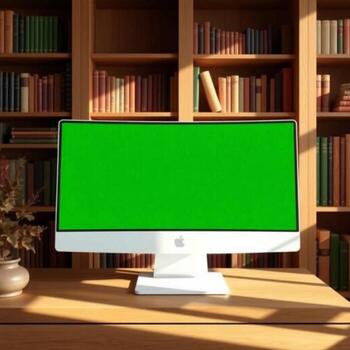 A computer screen with a green screen in front of a bookshelf photo