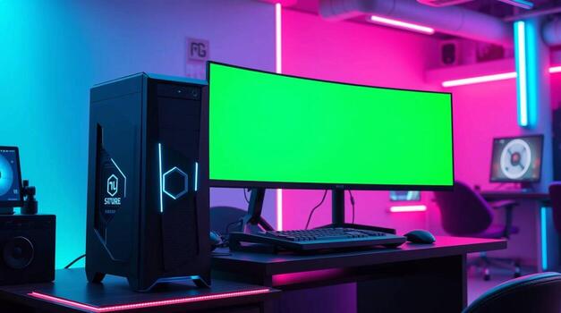 A computer with a green screen in front of a computer photo