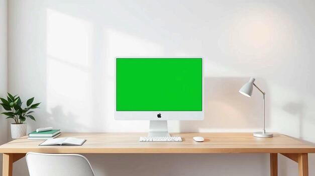 Modern desk setup with a computer and green screen display photo