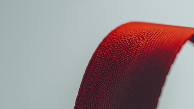 Textile features a vibrant red ribbon against a soft background in close-up photo