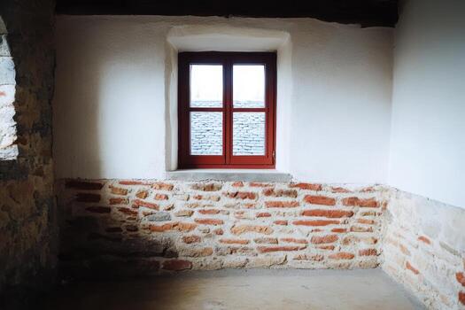 Rustic interior with a wooden window in a stone wall structure photo
