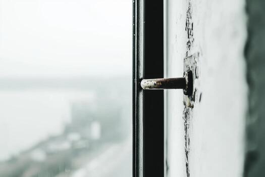 Close-up view of an old window latch next to a misty landscape photo