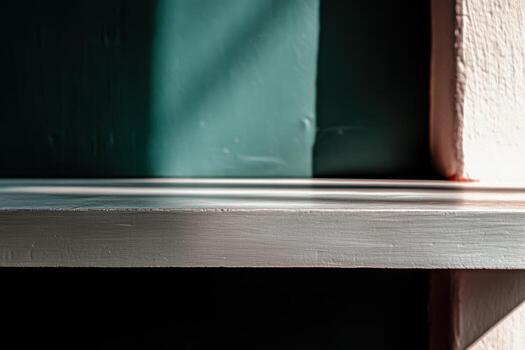 Surface of a wooden shelf illuminated by sunlight in an indoor space photo