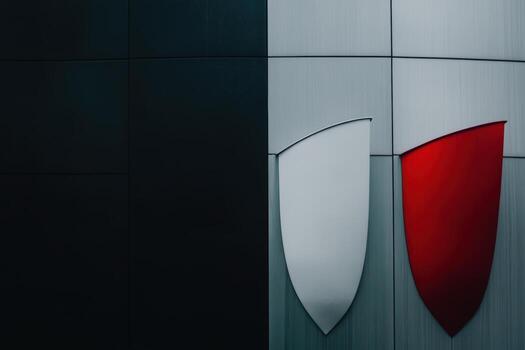 Colorful shield designs displayed on a modern building wall in urban setting photo