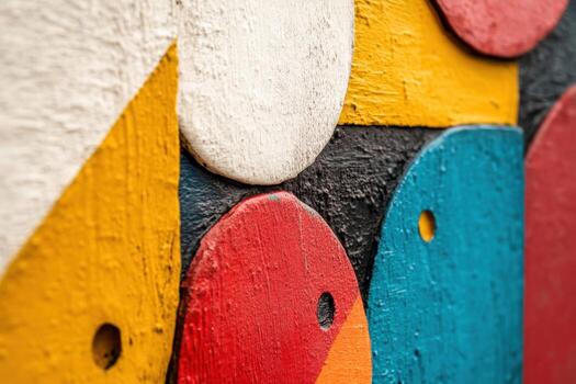 Colorful wooden shapes create an abstract wall design in daylight photo