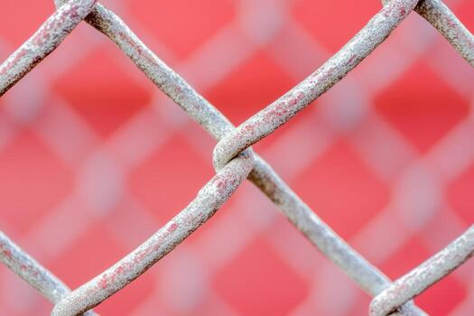 Textured chain link fence against vibrant red background in urban setting photo
