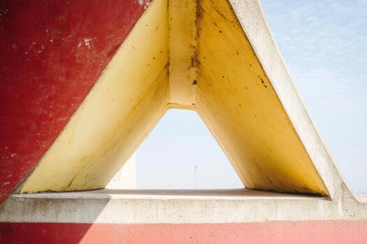 Vibrant geometric structure with colorful triangle shapes at seaside location photo