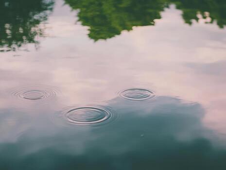 Tranquil water surface reflecting trees and ripples from raindrops photo