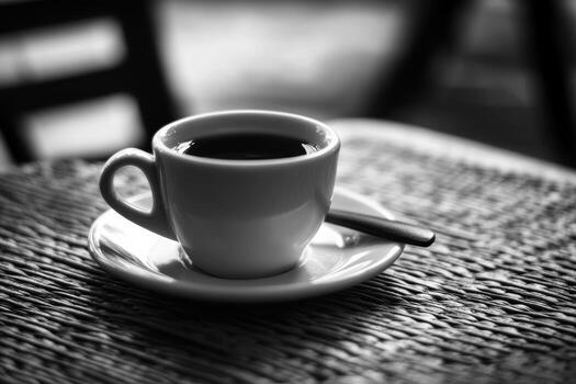 recién elaborada café taza descansando en un tejido mesa en un acogedor café foto