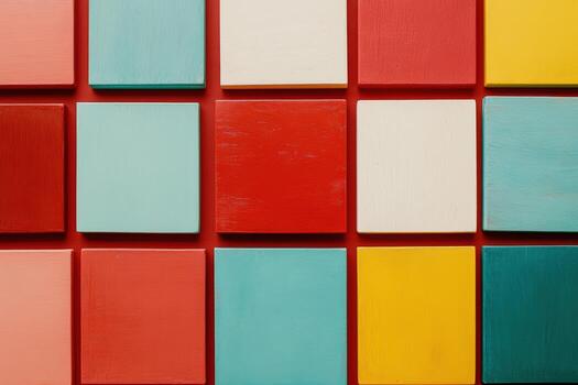 Colorful wooden squares arranged in a vibrant geometric pattern on a backdrop photo