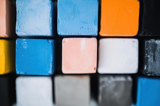 Colorful clay blocks arranged in a creative display at an art studio photo