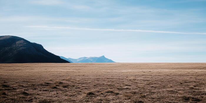 Vast open field with distant mountains under a clear blue sky in daytime photo