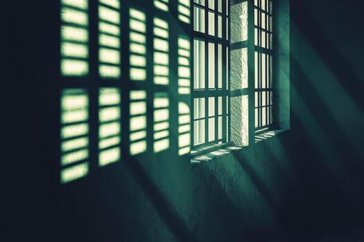 Sunlight streams through prison window casting shadows on the wall photo