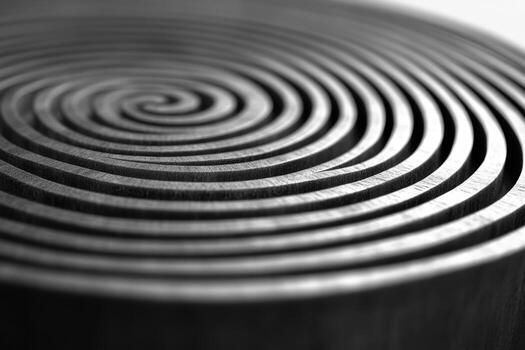 Wooden spiral pattern creates a mesmerizing design in black and white photo