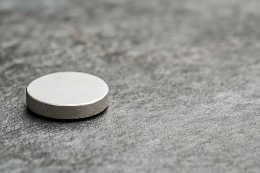 Round metallic object resting on a textured surface in a well-lit setting photo