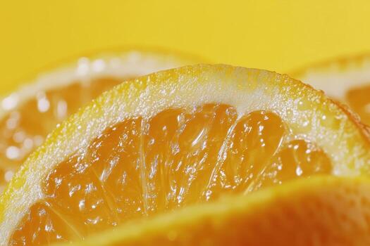 Close-up view of a juicy orange slice on a vibrant yellow background photo