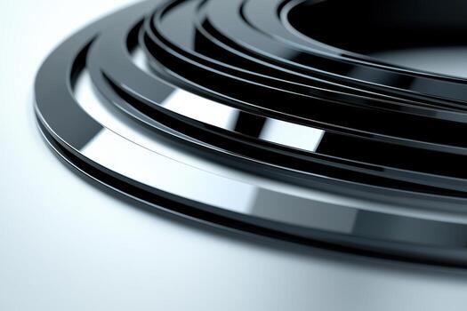 Close-up of sleek black rings arranged in a spiral pattern on metallic surface photo