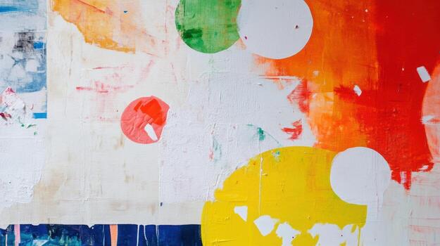 Colorful abstract mural with bright circles and bold strokes in urban setting photo