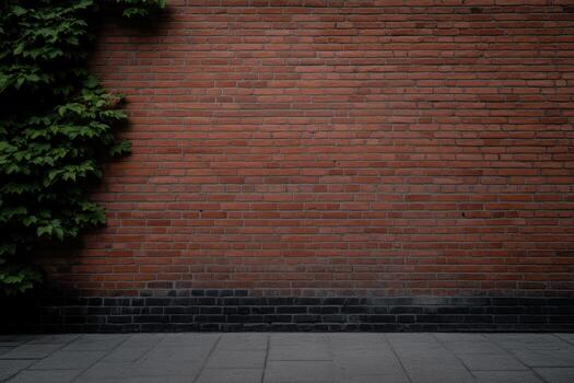 Brick wall with green leaves and stone pavement creates a rustic backdrop photo