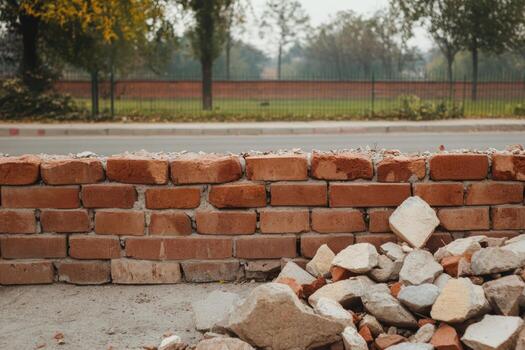 Construction activity at a site with exposed bricks and debris in autumn photo