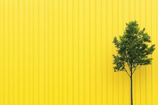 Tree stands alone in front of a bright yellow wall at midday photo