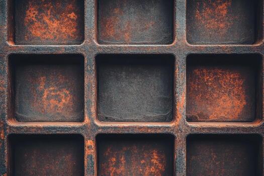 Textured rusty metal grid with square patterns in industrial style photo