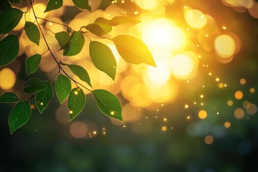 Sunlight filtering through green leaves creates a magical atmosphere photo