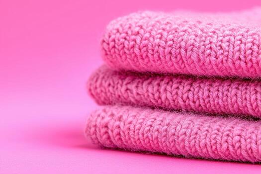 Soft pink knitted fabric stacks on a pink background in a cozy setup photo