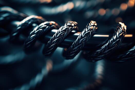 Close-up view of intricately woven metallic cables on a dark background photo