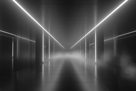 Mysterious corridor illuminated by neon lights with fog effects at night photo