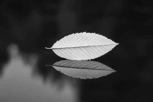 Leaf on smooth surface reflecting like a mirror in black and white photo