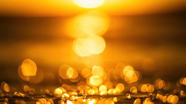 Golden sunset shimmering on ocean water with bokeh effect photo