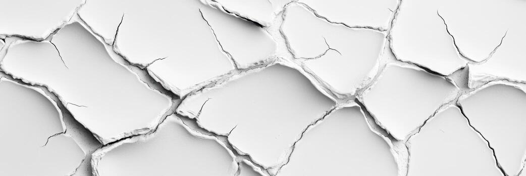 Cracked surface showing intricate patterns of broken texture in white photo