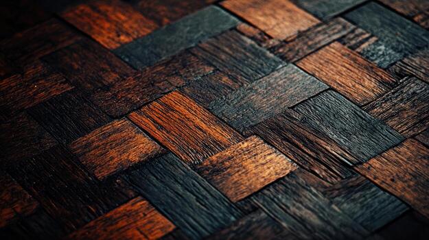 Textured wooden surface showcases intricate weaving pattern in warm colors photo
