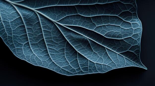 Detailed close-up of a leaf showcasing intricate vein patterns in dark setting photo