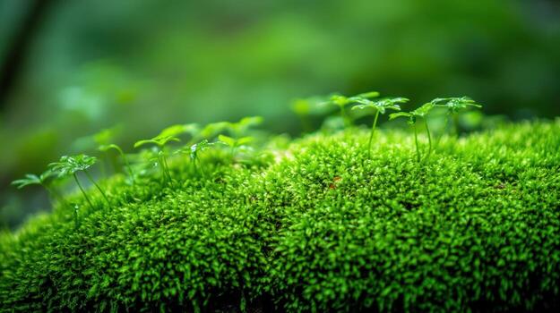 Lush green moss with tiny plants growing in a forest setting photo