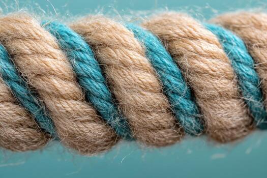 Close-up view of twisted rope with natural fibers and blue accent color photo
