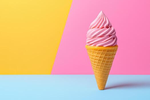 Colorful soft serve ice cream cone in pastel setting photo