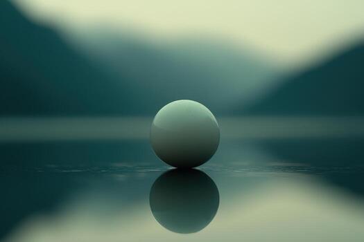 Reflection of a white sphere on still water in a calm environment photo
