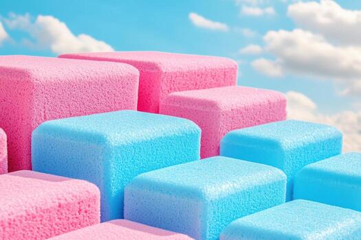 Colorful foam blocks create a playful pattern against a blue sky photo