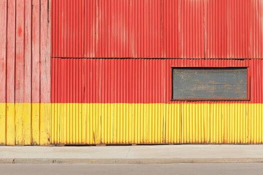 Colorful corrugated wall with red and yellow sections in urban setting photo