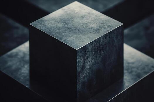 Detailed close-up of a textured dark metallic cube reflecting light photo