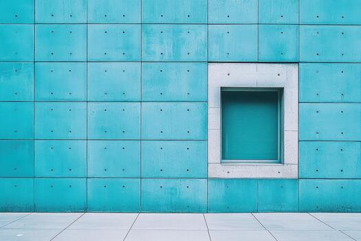 único turquesa pared con un ventana en urbano ajuste durante luz foto