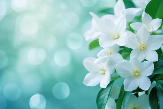 Blooming white flowers against a soft bokeh background in spring photo